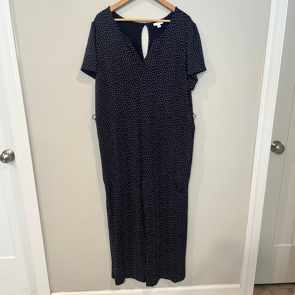 J. Jill Polka Dot Wide Leg Jumpsuit Navy Blue 2X Short Sleeve Pockets
